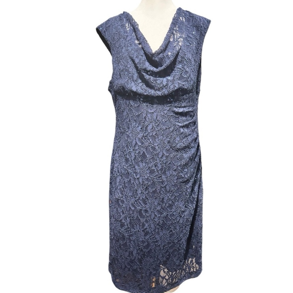 Lauren Ralph Lauren Lace Sheath Dress Sequins Cap Sleeves Navy Blue Plus 16